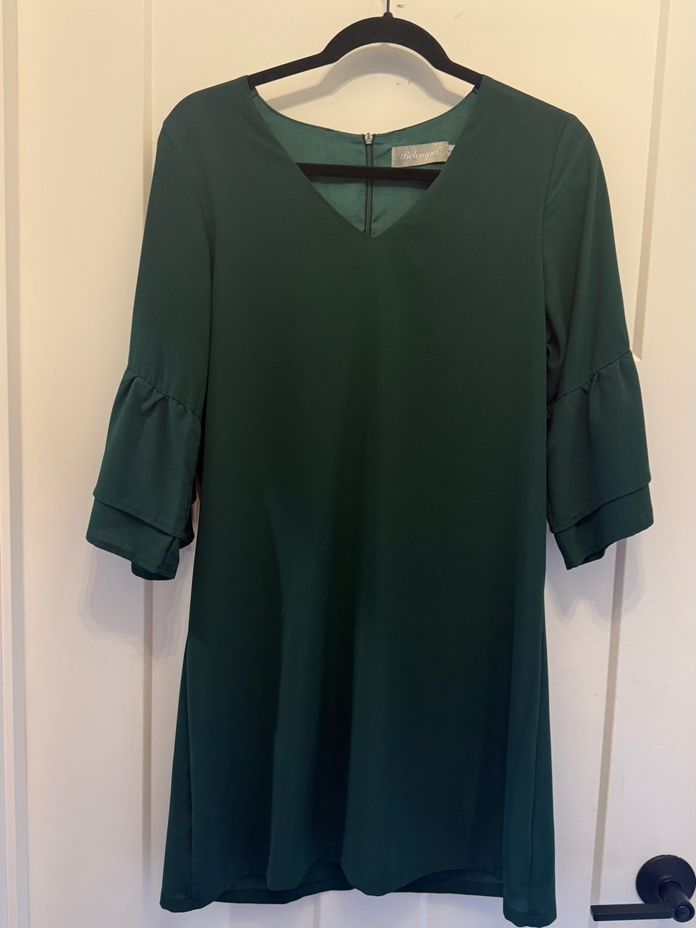 Belongsci Dark Green V-Neck Tiered Sleeve Mini Dress